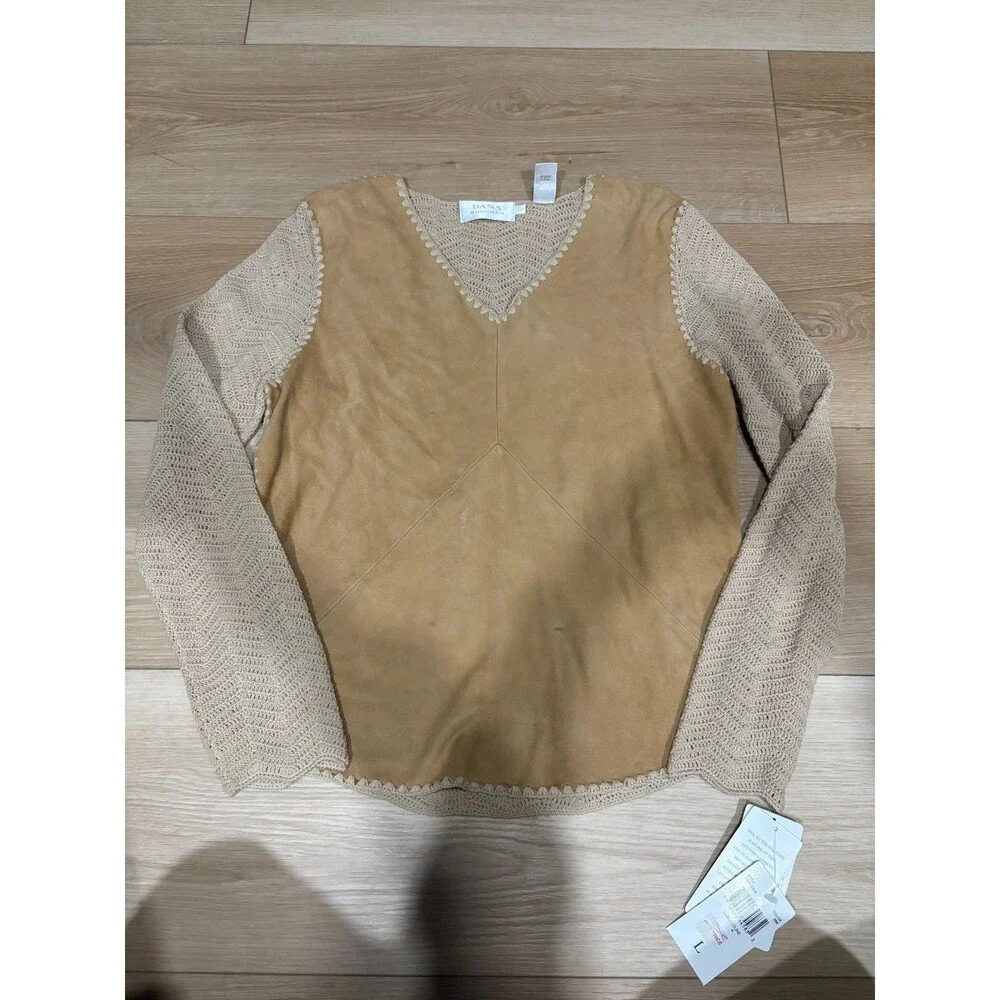 Dana Buchman Women's Suede & Crochet Knit V-Neck Sweater Top Tan Beige Size L